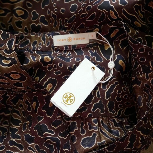 Tory Burch Silk Leopard Animal Print Tunic Blouse Brown Black Size 2 - Picture 8 of 10